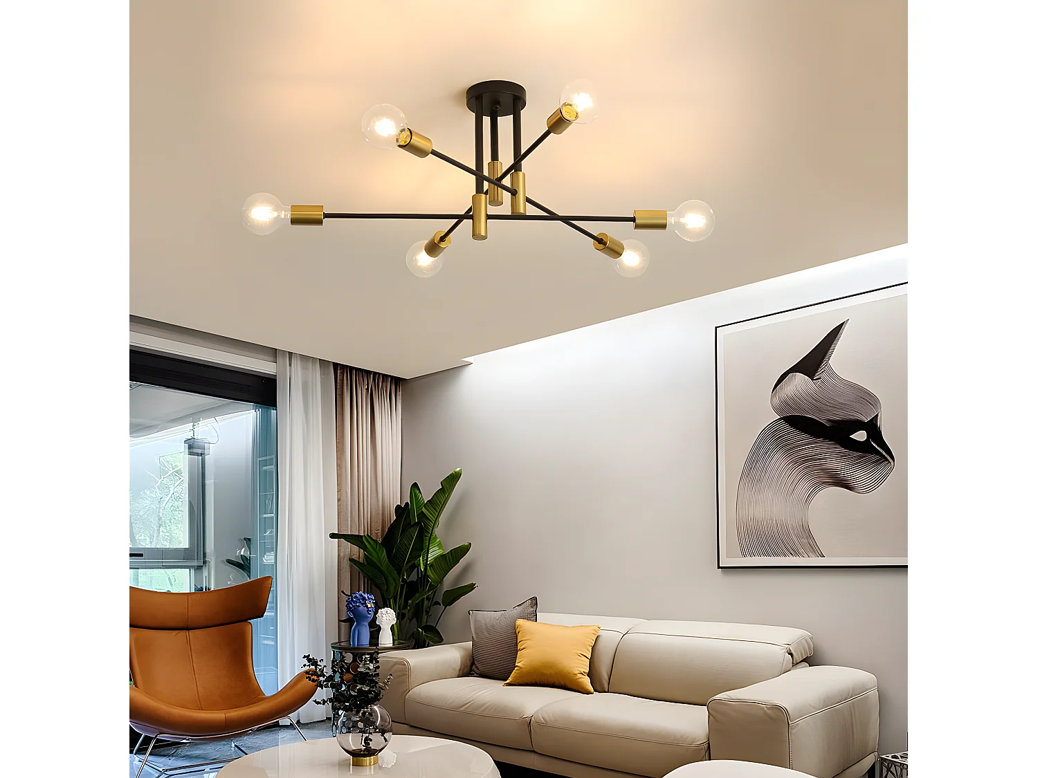 Luce del soffitto industriale retrò, nero, 72*72*32, 6 luci, per il soggiorno della camera da letto, senza bulbo