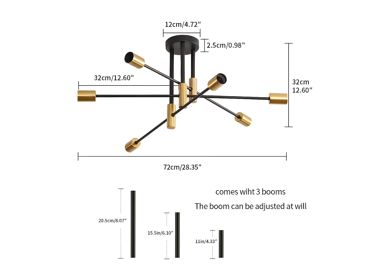 Luce del soffitto industriale retrò, nero, 72*72*32, 6 luci, per il soggiorno della camera da letto, senza bulbo