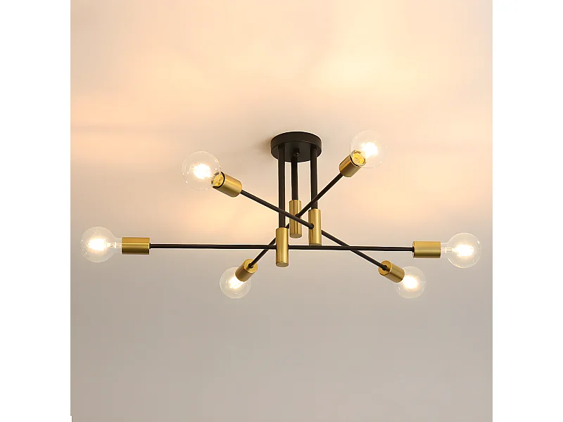 Plafonnier rétro industriel, noir, 72*72*32, 6 lumières, pour salon chambre, sans ampoule