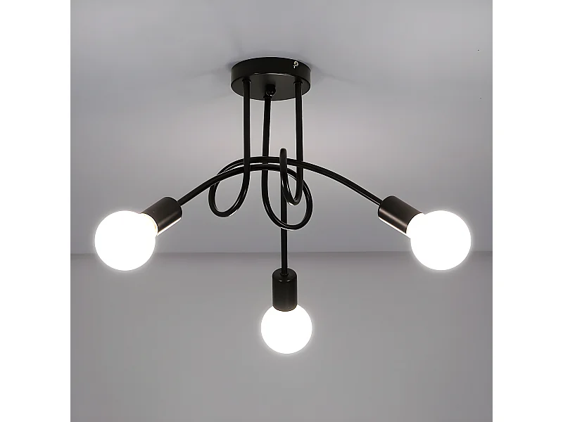 Plafonnier industriel vintage, noir, diamètre 55cm, en fer, 3-lumières, sans ampoule E27