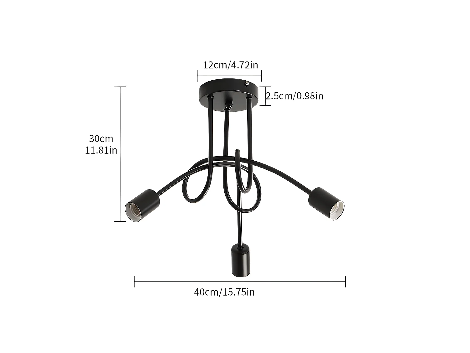Plafonnier industriel vintage, noir, diamètre 55cm, en fer, 3-lumières, sans ampoule E27
