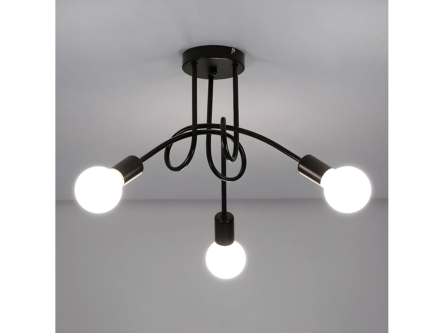 Plafonnier industriel vintage, noir, diamètre 55cm, en fer, 3-lumières, sans ampoule E27