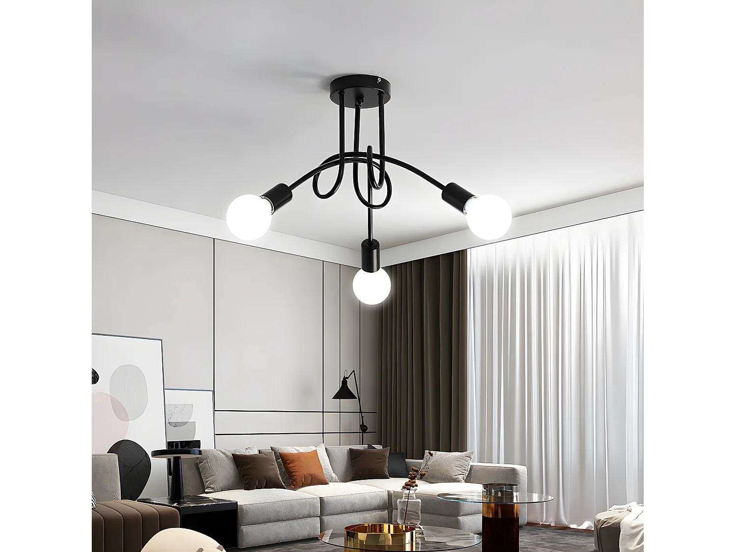 Plafonnier industriel vintage, noir, diamètre 55cm, en fer, 3-lumières, sans ampoule E27