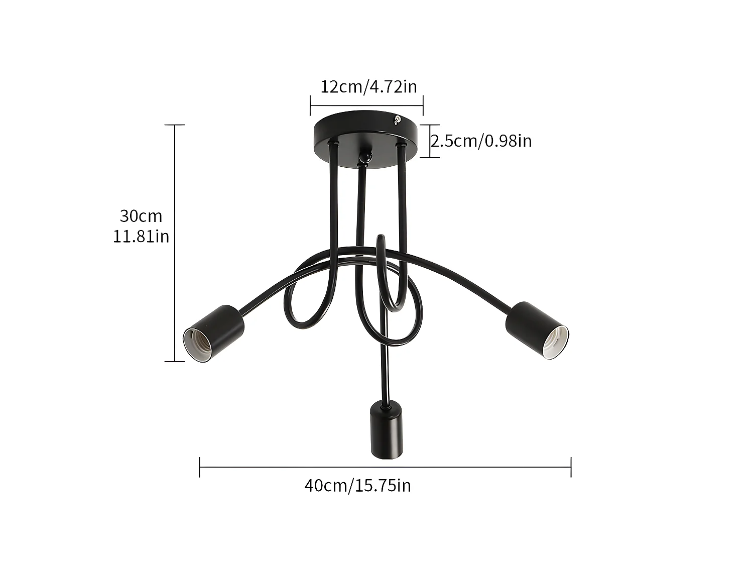 Plafonnier industriel vintage, noir, diamètre 55cm, en fer, 3-lumières, sans ampoule E27