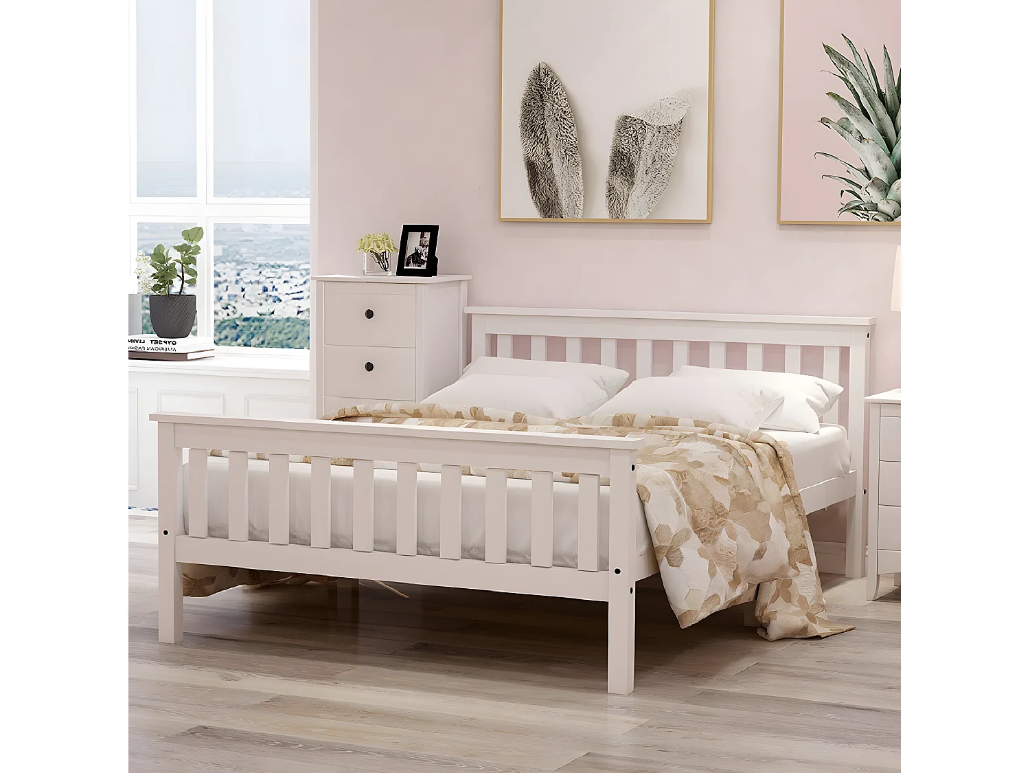 Lit adulte Lit double Lit en bois - 140 x 200 cm - blanc - Sweiko
