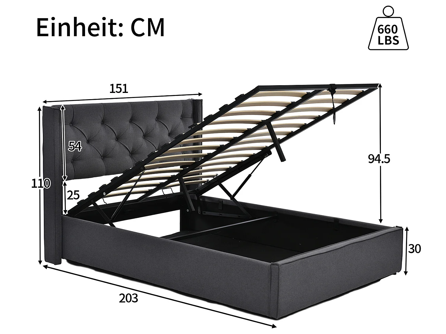Lit coffre - avec espace de rangement gris Lit double 140x200 cm - Sweiko