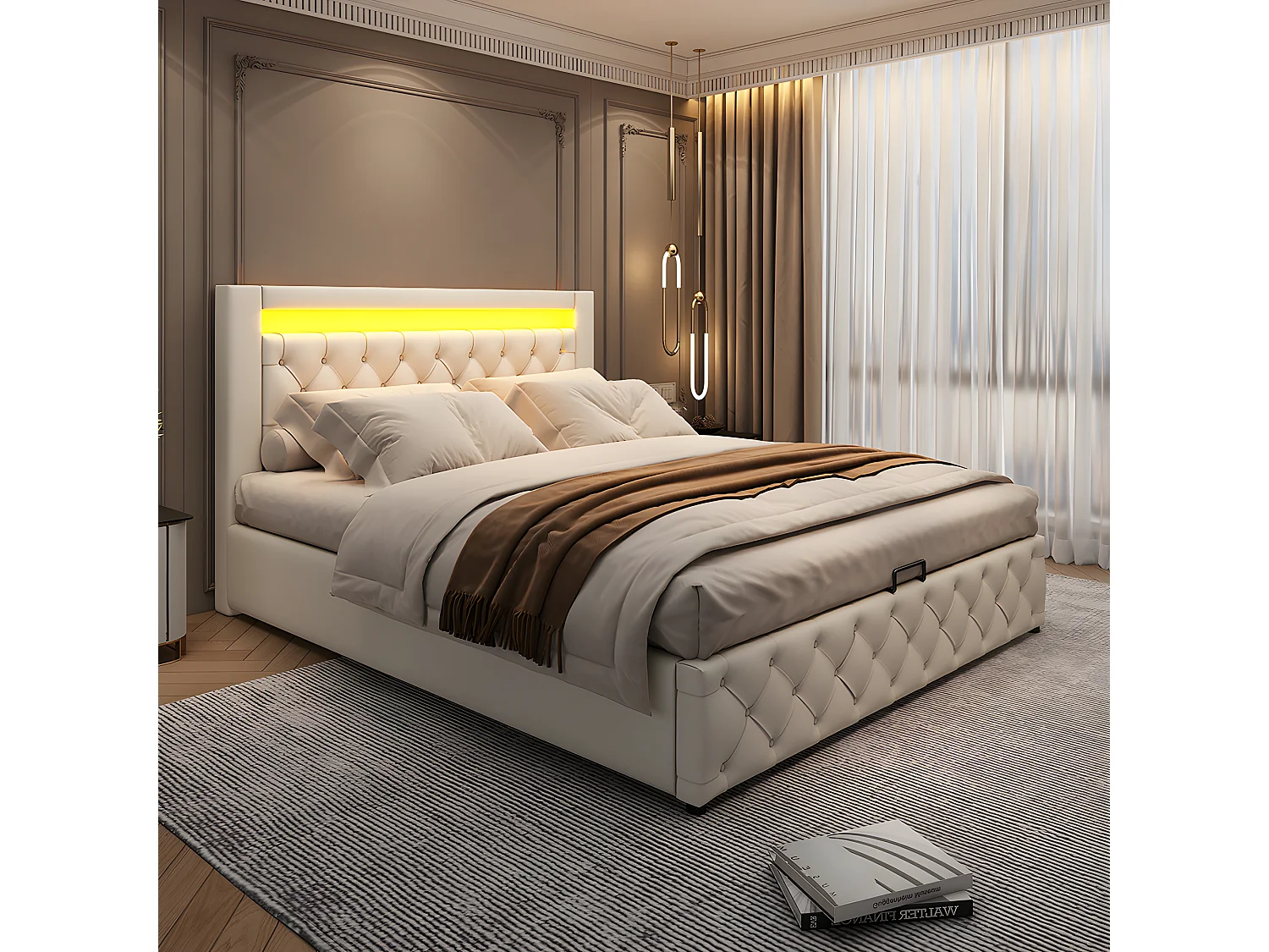 Lit coffre Lit rembourré Lit 140 x 200 cm - avec éclairage LED, avec rangement - blanc - Sweiko