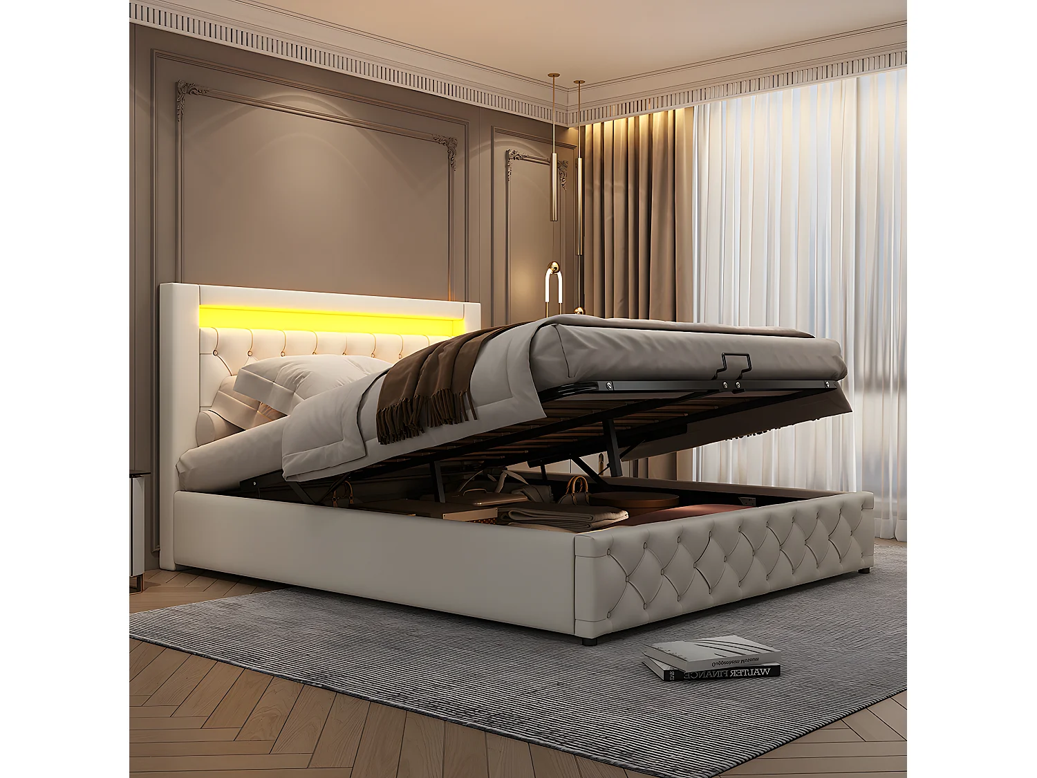 Lit coffre Lit rembourré Lit 140 x 200 cm - avec éclairage LED, avec rangement - blanc - Sweiko