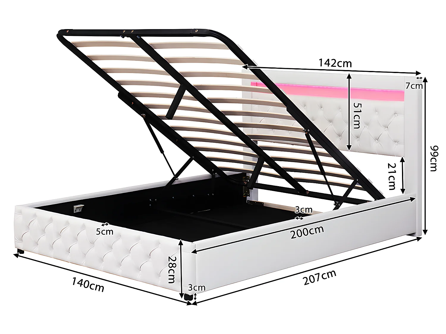 Lit coffre Lit rembourré Lit 140 x 200 cm - avec éclairage LED, avec rangement - blanc - Sweiko