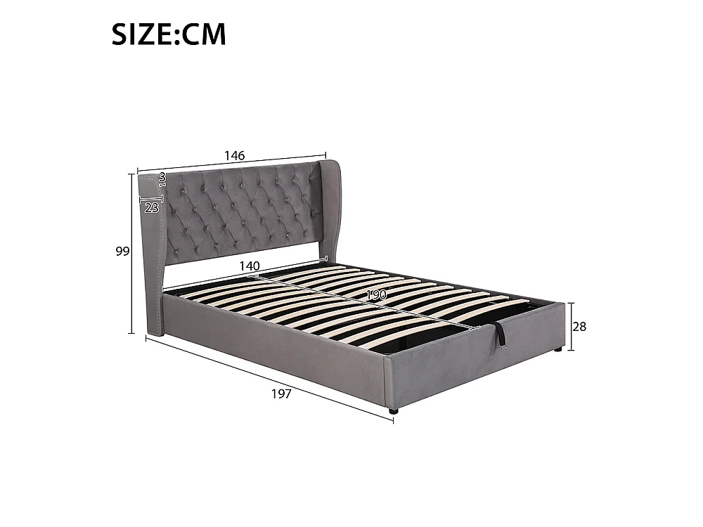 Lit coffre - 140x190CM - avec espace de rangement Lit adulte Gris - Sweiko