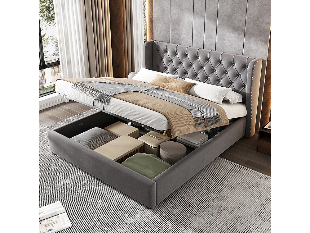 Lit coffre - 140x190CM - avec espace de rangement Lit adulte Gris - Sweiko