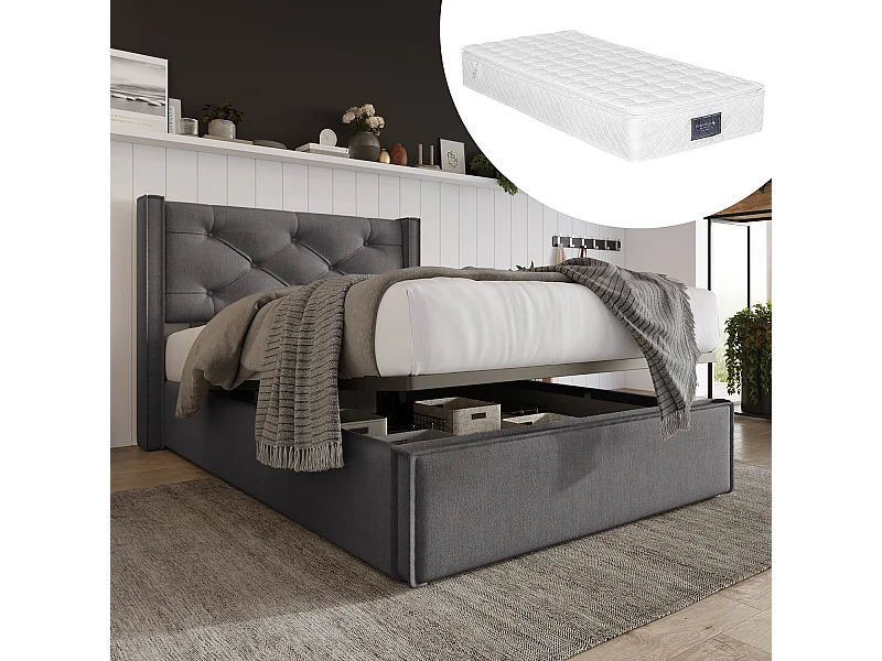 Lit coffre - avec espace de rangement - gris - 140x200 cm avec matelas - Sweiko
