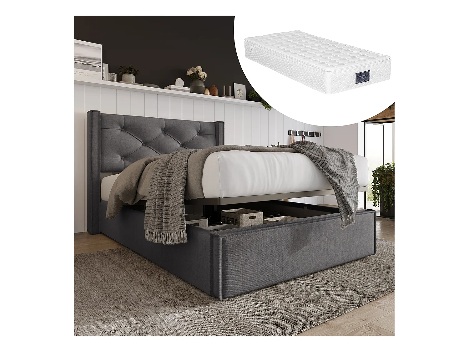 Lit coffre - avec espace de rangement - gris - 140x200 cm avec matelas - Sweiko