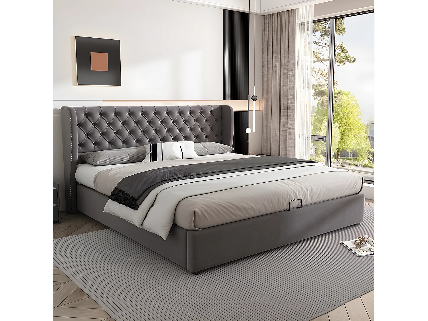 Lit coffre - 160x200cm - espace de rangement Lit adulte Gris - Sweiko