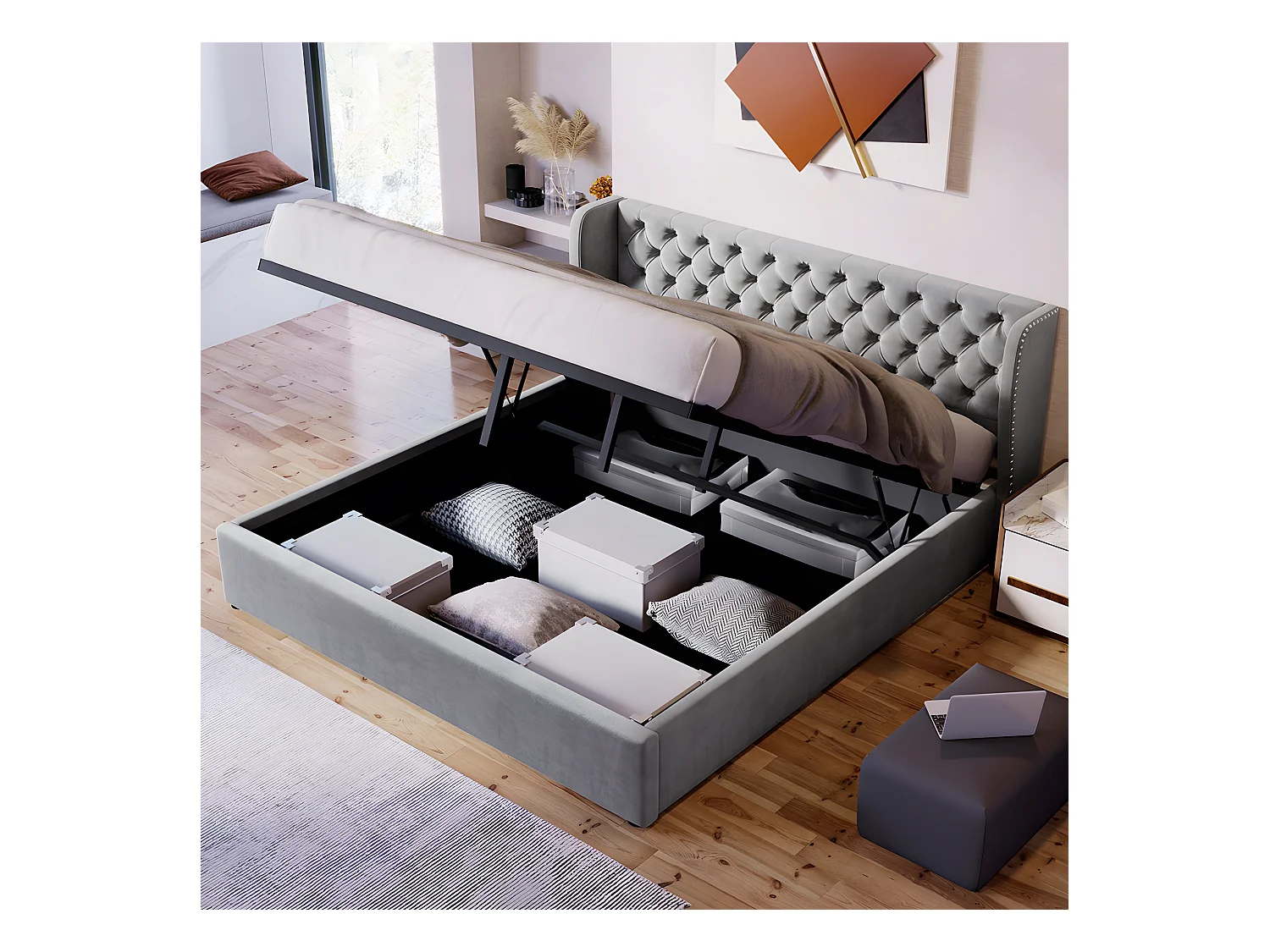 Lit coffre - 160x200cm - espace de rangement Lit adulte Gris - Sweiko