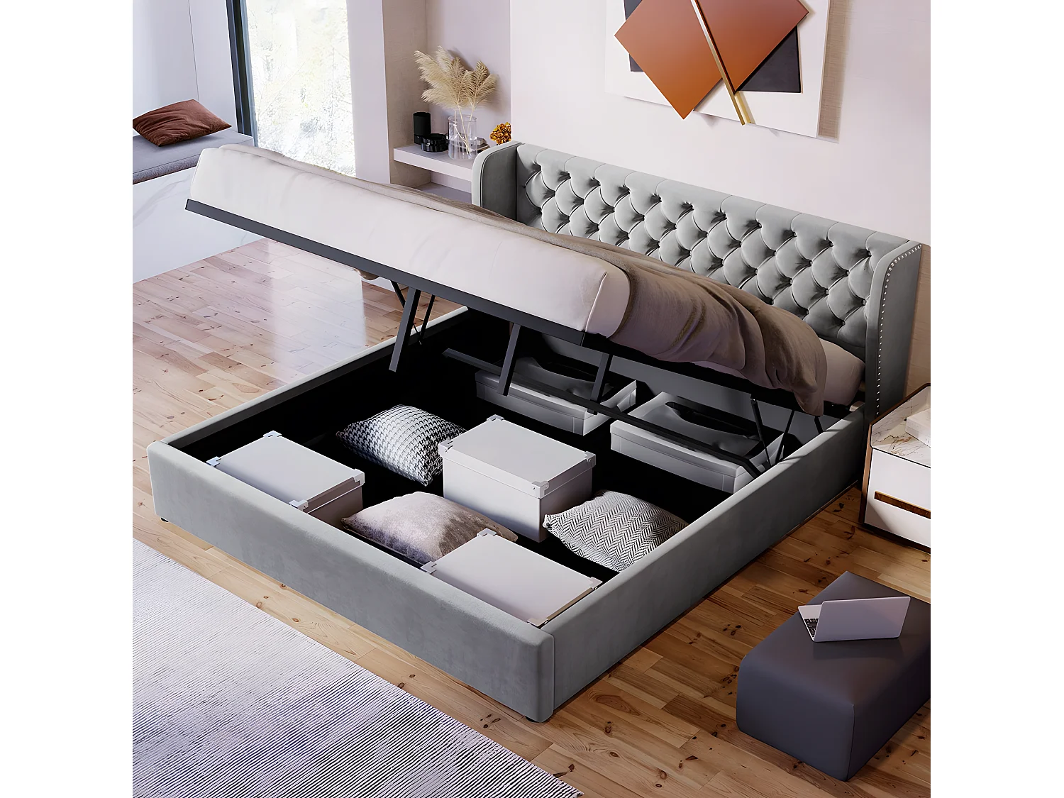 Lit coffre - 160x200cm - espace de rangement Lit adulte Gris - Sweiko