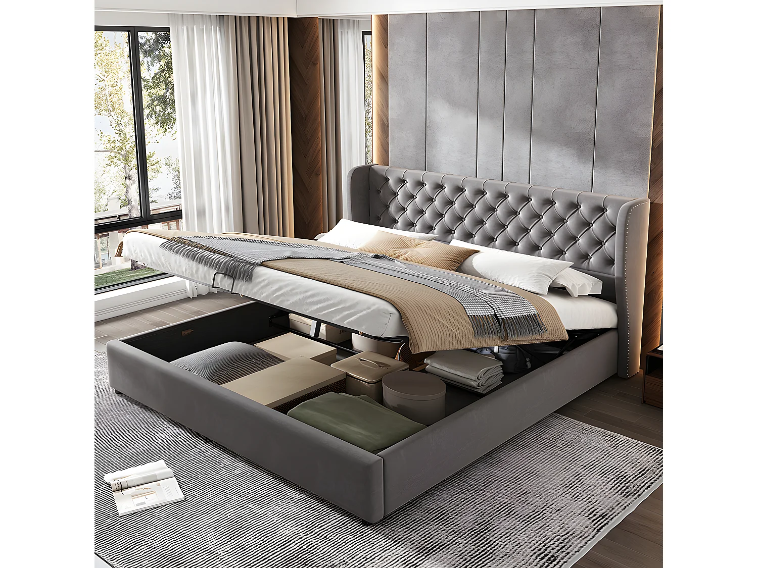Lit coffre - 160x200cm - espace de rangement Lit adulte Gris - Sweiko
