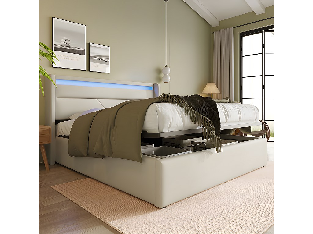 Lit Armoire Avec Tête Réglable Et LED - Velours Beige - Rangement Hydraulique Et USB - 160x200 Cm