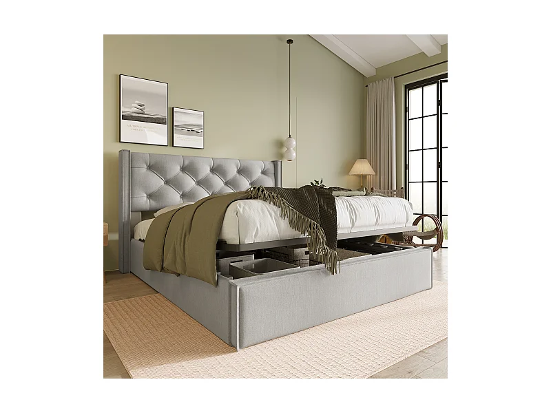 Lit coffre - avec espace de rangement - gris - 140x200 cm avec matelas - Sweiko