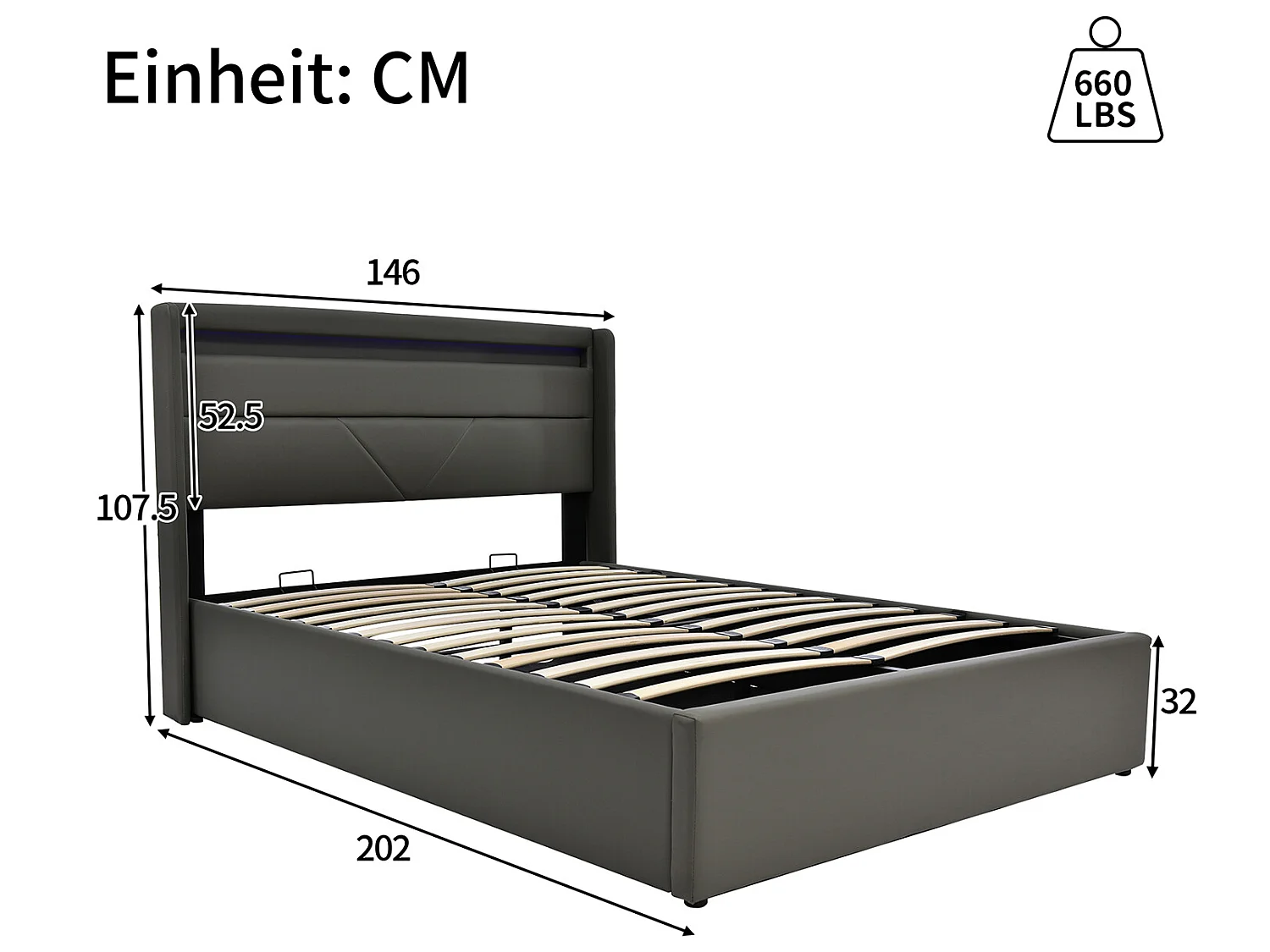 Lit coffre Lit LED double 140x200 cm - gris - Sweiko