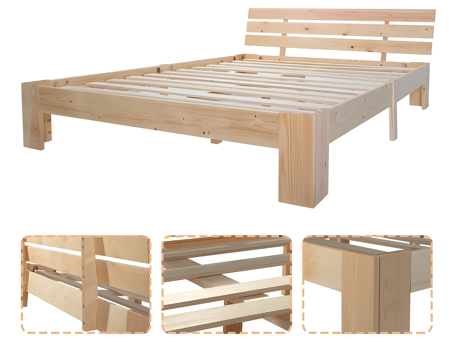 Lit adulte Lit en bois Lit double - 200 x 140 cm - Bois massif Naturel - Sweiko