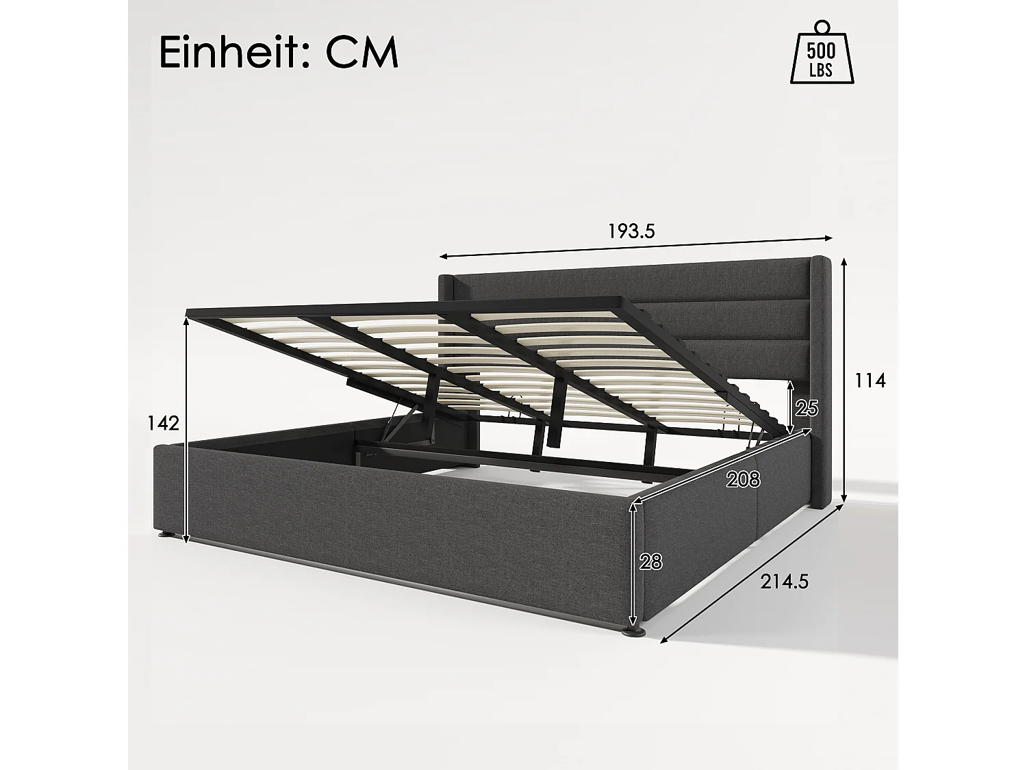 Lit coffre Lit de rangement - 180x200 cm en Lin Gris - Sweiko