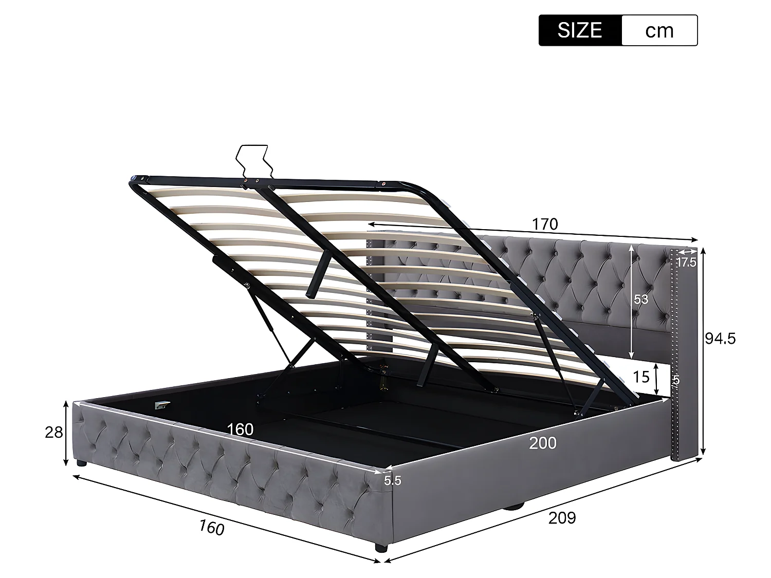 Lit coffre lit double Lit 160x200 cm - avec fonction hydraulique - gris - Sweiko