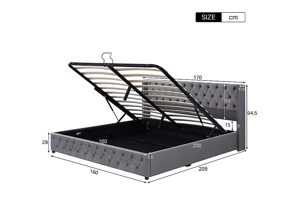 Lit coffre lit double Lit 160x200 cm - avec fonction hydraulique - gris - Sweiko