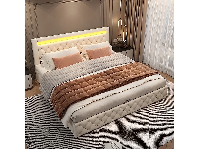 Lit coffre - 180 x 200 cm espace de rangement - avec éclairage LED - blanc - Sweiko