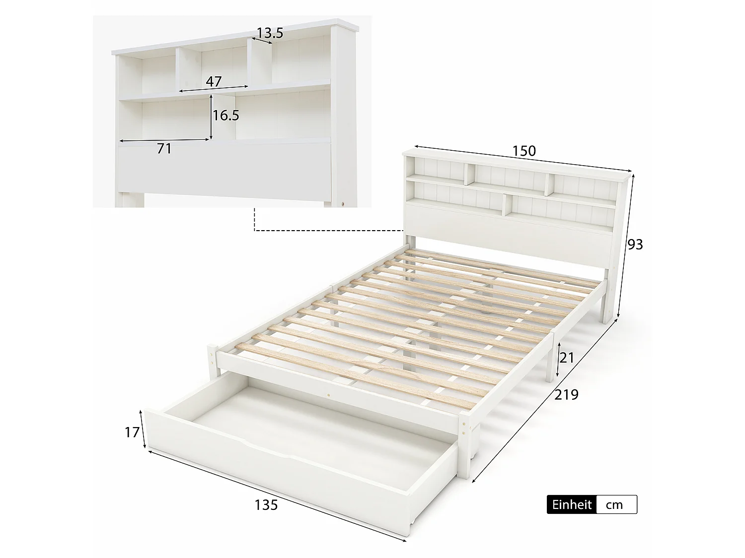 Lit adulte Lit 140x200cm - avec tiroirs et bibliothèque - blanc sans matelas - Sweiko