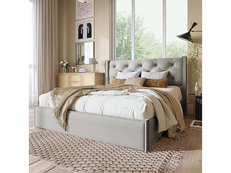 Lit coffre 140x200 cm - avec espace de rangement Lit double gris clair - Sweiko