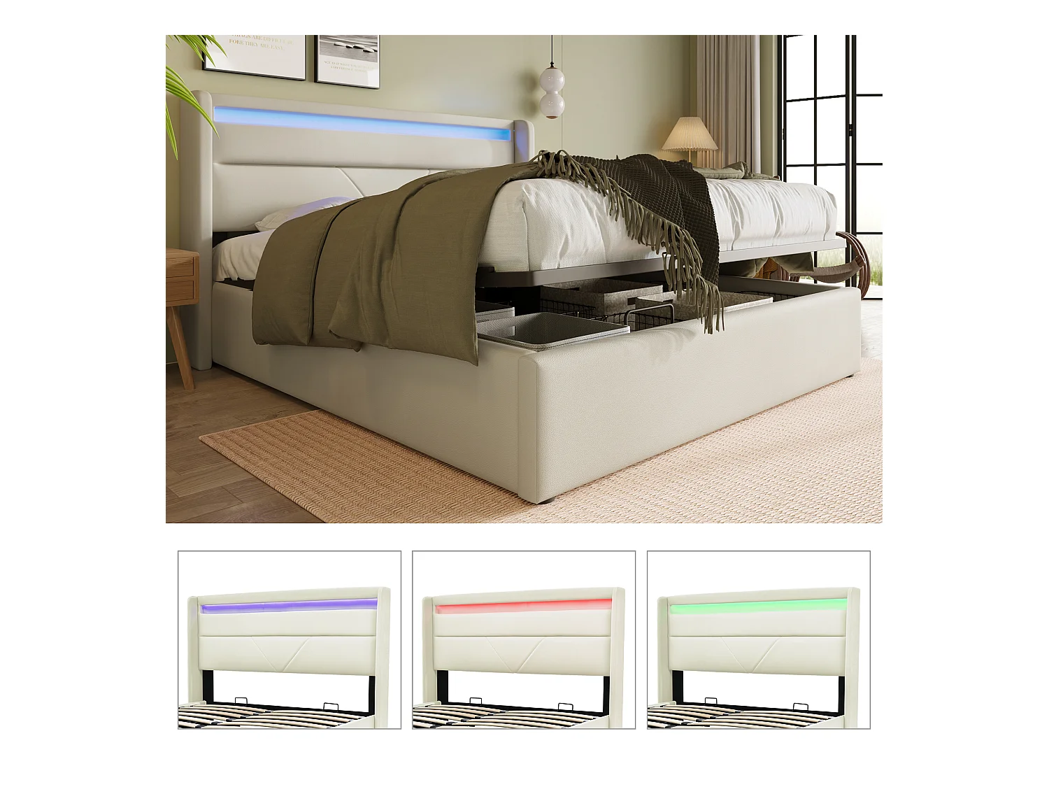 Lit coffre Lit de rangement hydraulique avec barre lumineuse LED - 140x200 cm - blanc - Sweiko