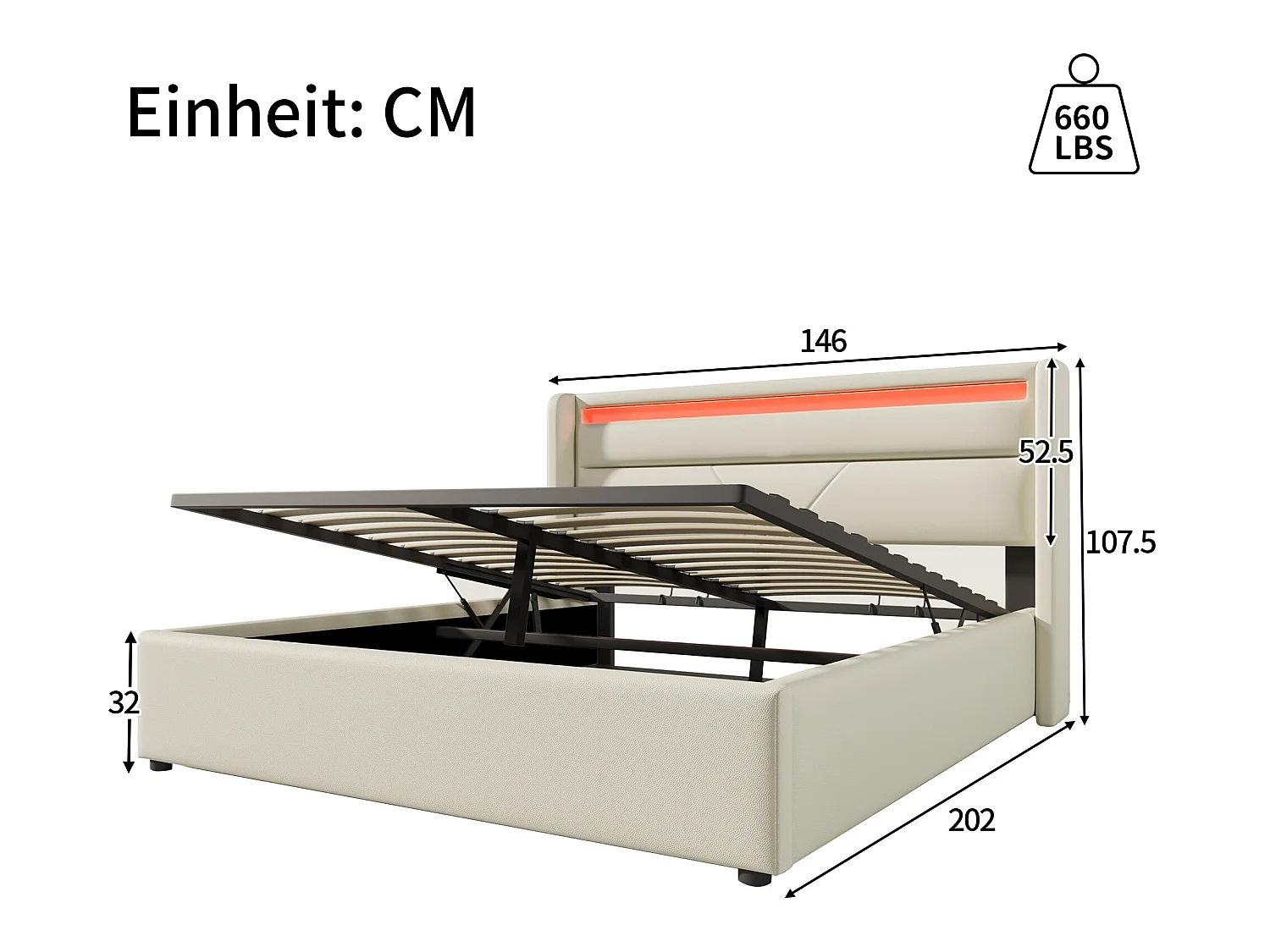 Lit coffre Lit de rangement hydraulique avec barre lumineuse LED - 140x200 cm - blanc - Sweiko