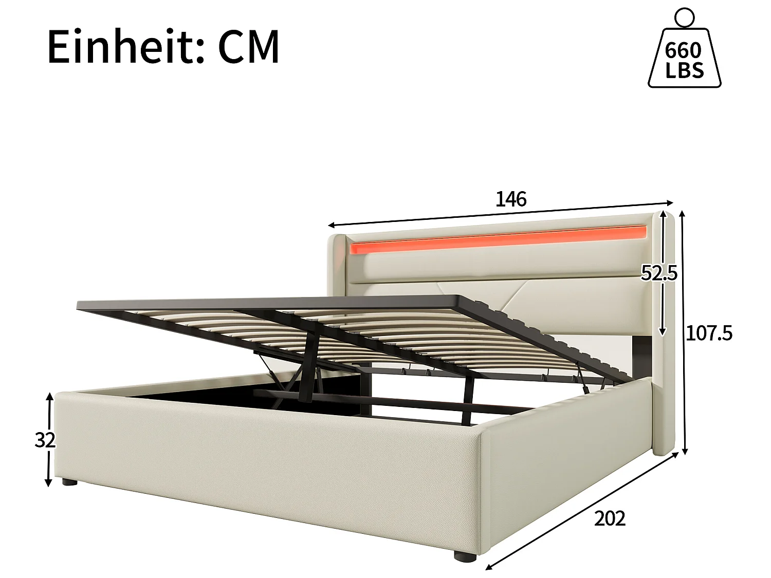Lit coffre Lit de rangement hydraulique avec barre lumineuse LED - 140x200 cm - blanc - Sweiko