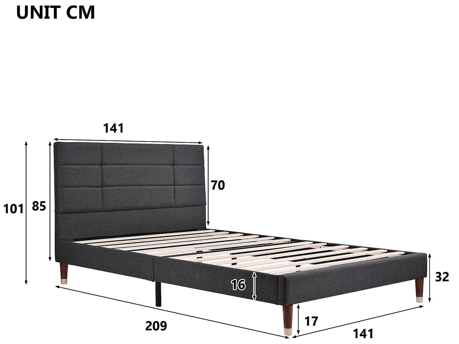 Lit adulte Lit rembourré lit double - 140x200 cm - Gris - Sweiko