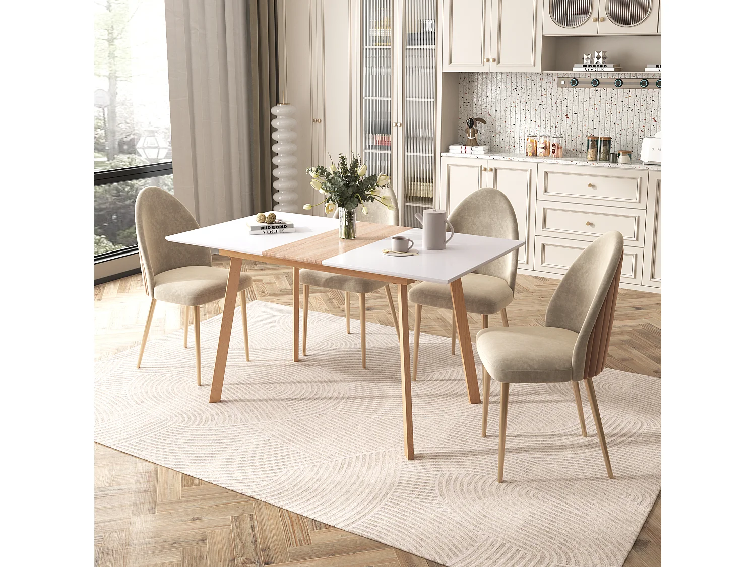 Table à manger extensible en bois massif - 4 à 6 couverts - naturel et blanc