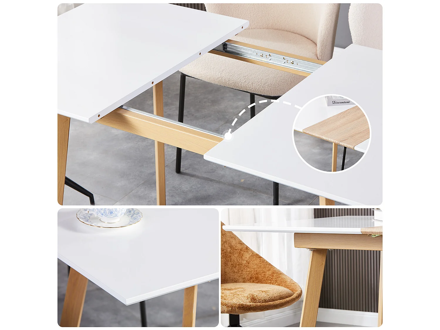 Table à manger extensible en bois massif - 4 à 6 couverts - naturel et blanc