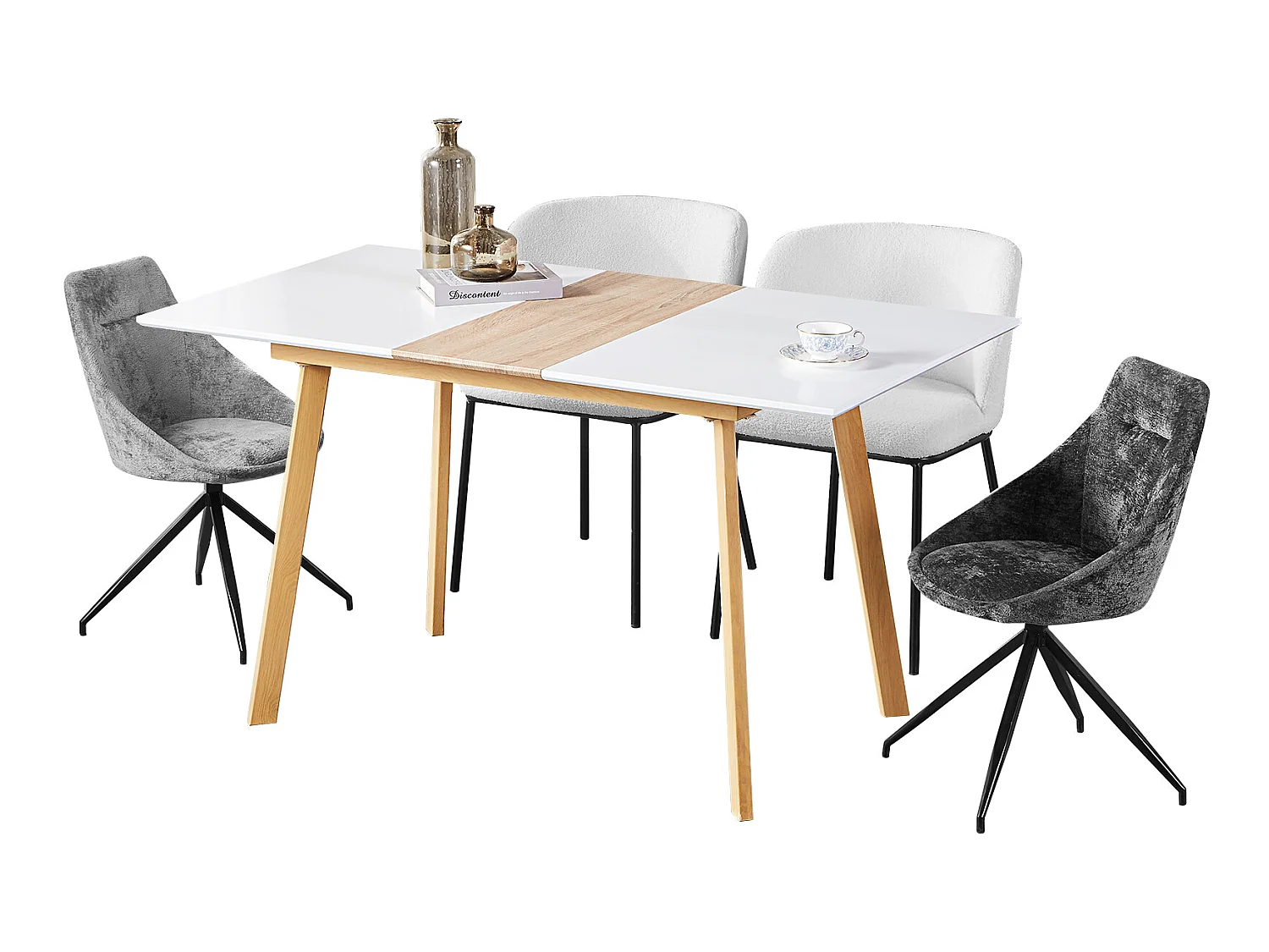 Table à manger extensible en bois massif - 4 à 6 couverts - naturel et blanc