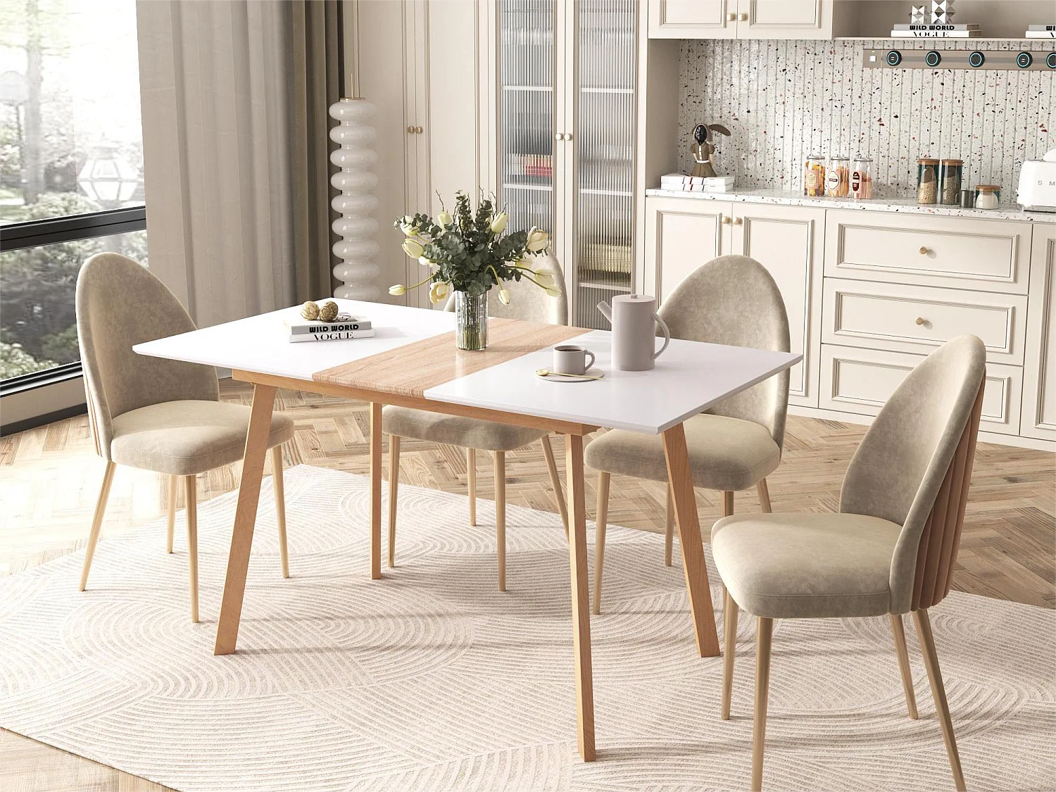 Table à manger extensible en bois massif - 4 à 6 couverts - naturel et blanc