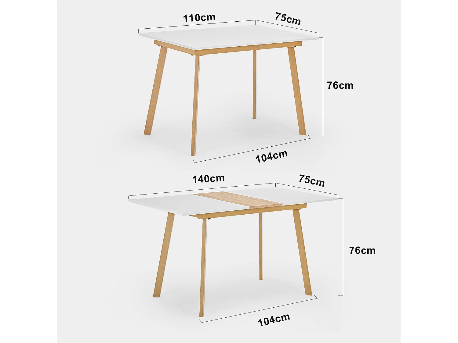 Table à manger extensible en bois massif - 4 à 6 couverts - naturel et blanc