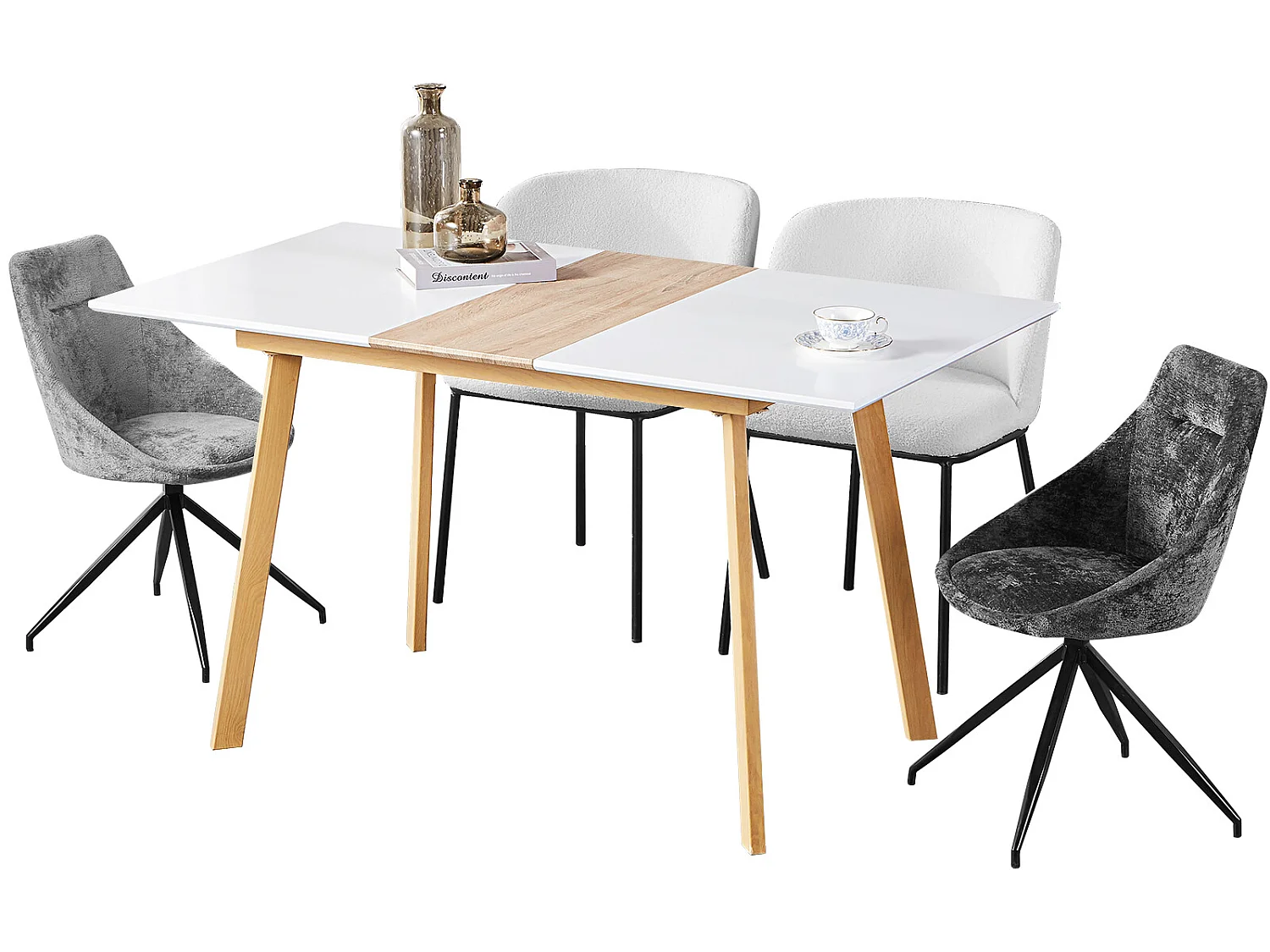 Table à manger extensible en bois massif - 4 à 6 couverts - naturel et blanc