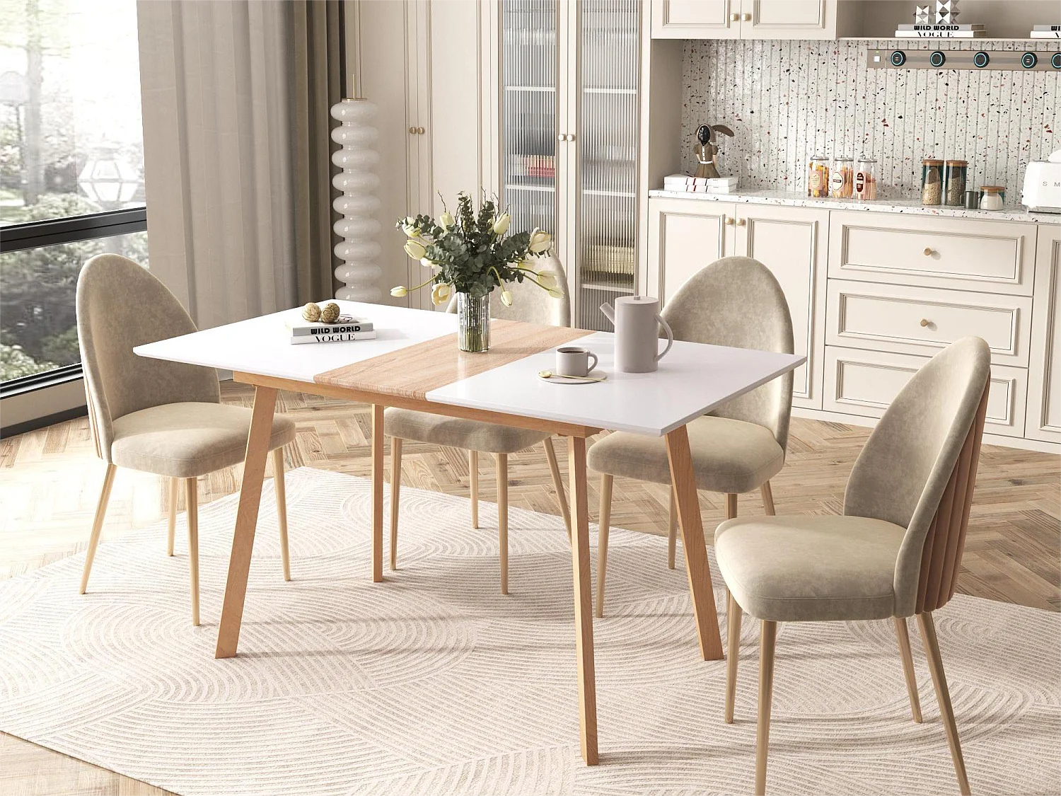 Table à manger extensible en bois massif - 4 à 6 couverts - naturel et blanc