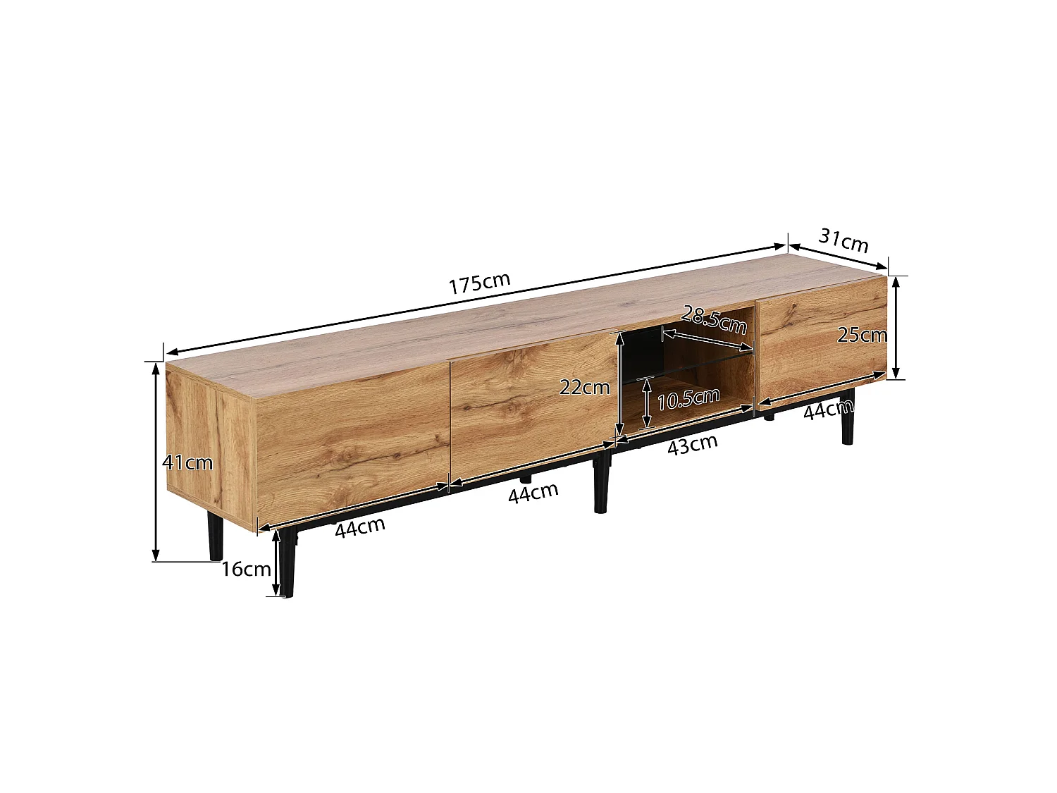 175 cm TV-Gerät – 3 Türen und Glasregal – LEDs – MDF-Holz – natürliche Farbe