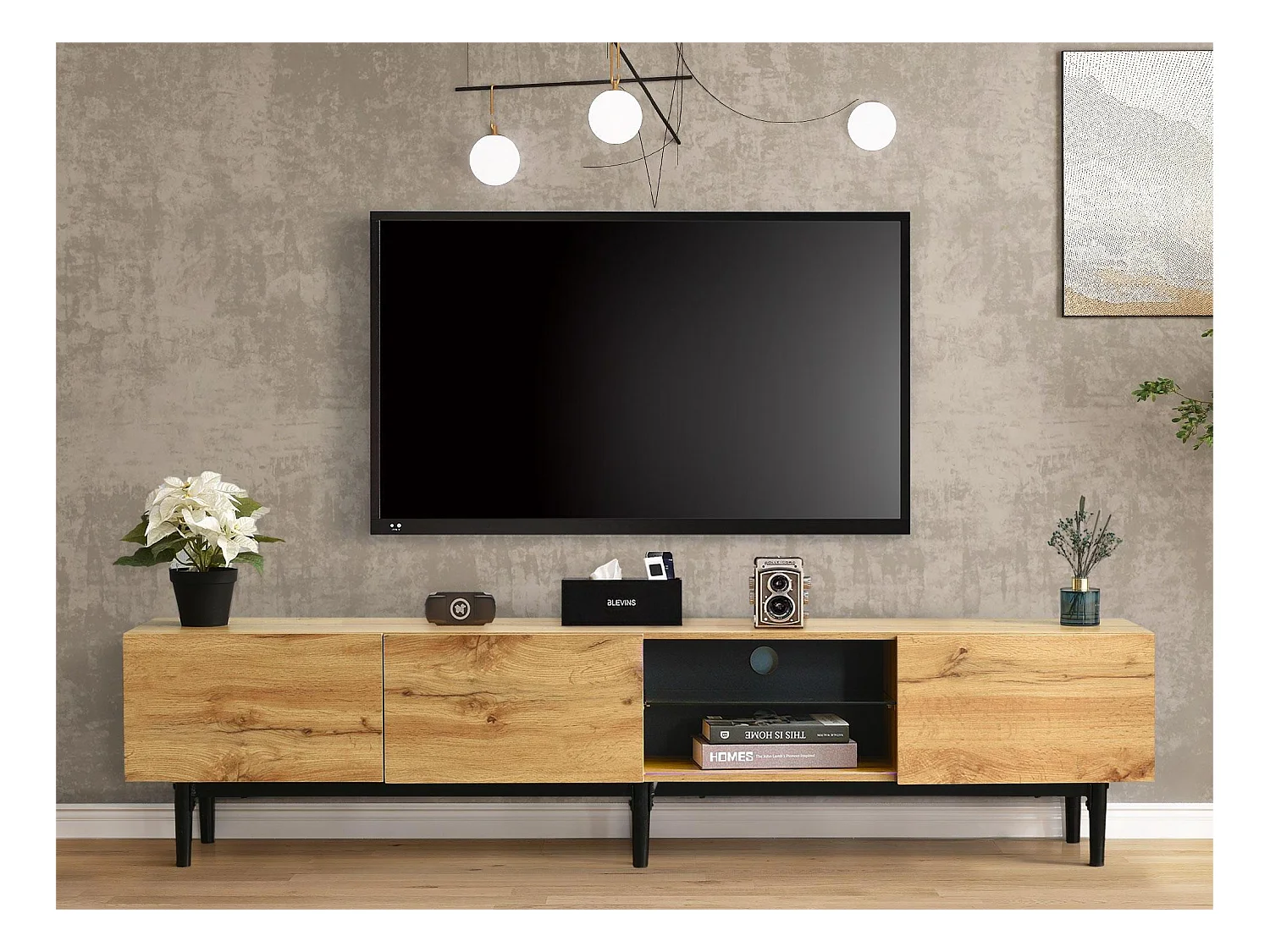 Meuble TV 175 cm - 3 portes et étagère verre - LEDs - bois MDF - coloris naturel