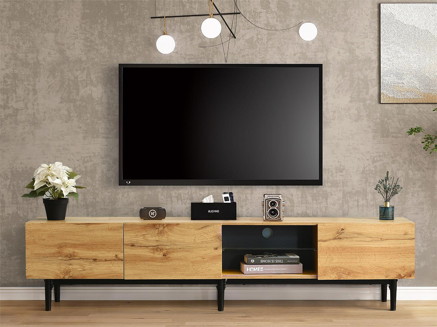 Mobile TV Moderno In Legno Naturale, 180x38x51,5 Cm, Con Ante E Cassetti, Senza Maniglie, Passacavi, Gambe In Metallo