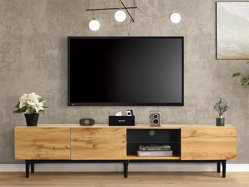 Móvel de TV 175 cm - 3 portas e prateleira de vidro - LEDs - Madeira MDF - cor natural