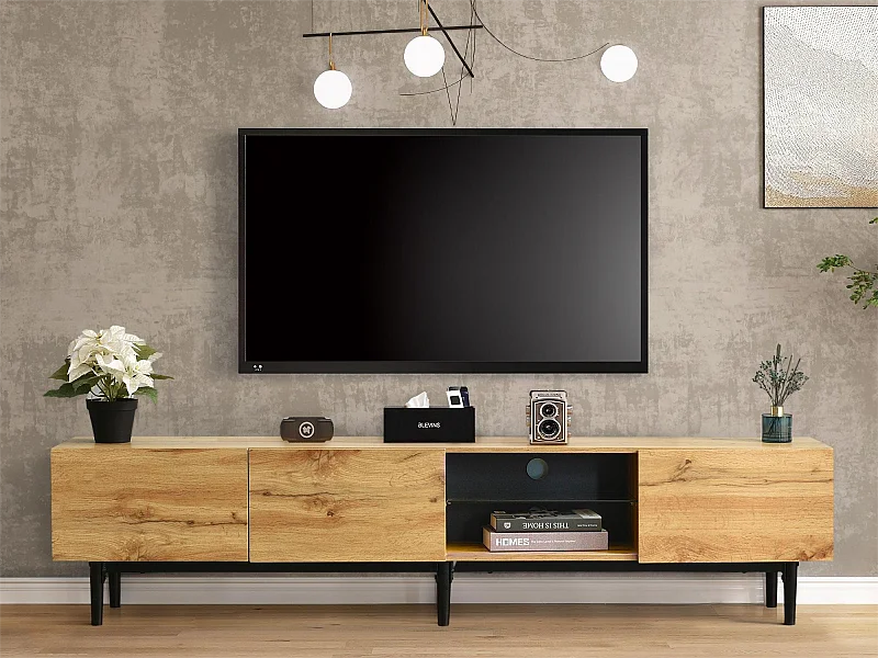 Meuble TV 175 cm - 3 portes et étagère verre - LEDs - bois MDF - coloris naturel