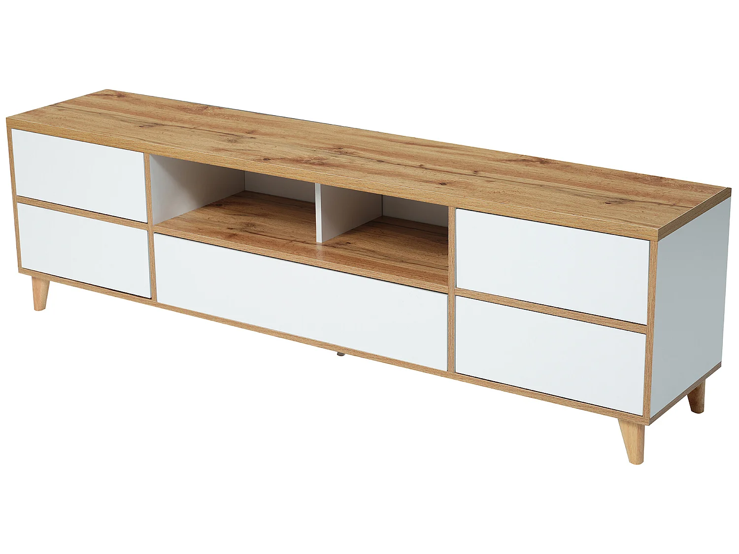 Meuble TV 175 cm - 5 portes et 2 niches - MDF - coloris blanc et naturel