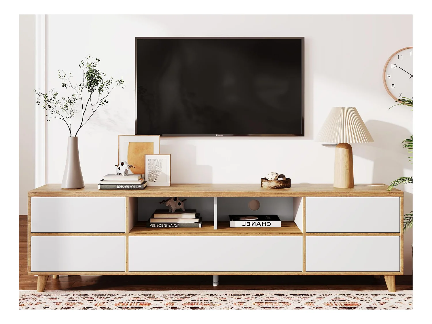 TV-meubel 175 cm - 5 deuren en 2 nissen - MDF - kleuren wit en naturel