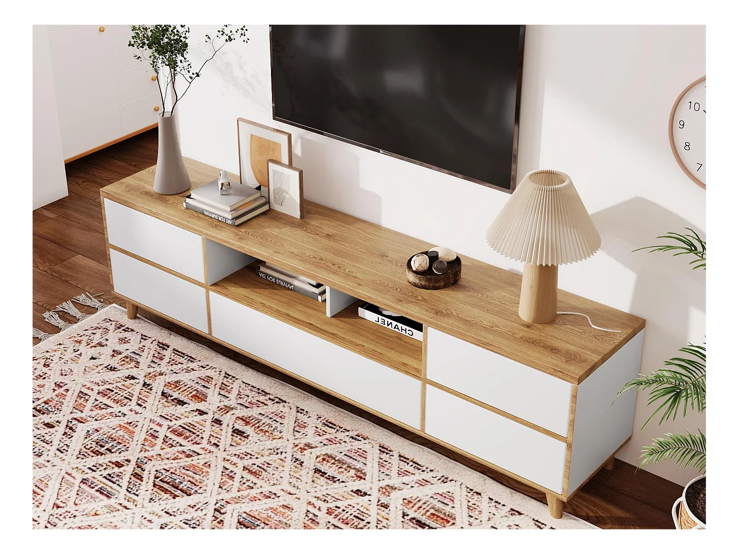 Mueble TV 175 cm - 5 puertas y 2 nichos - MDF - colores blanco y natural